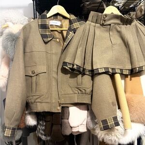 Olive Plaid-Trim Jacket & Skirt Set